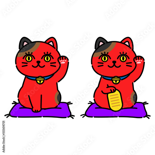 目力の強い赤い招き猫のイラスト