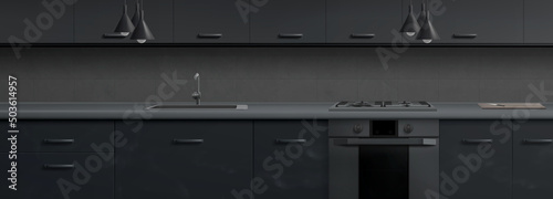 Modern kitchen with gas stove, sink and gray cupboards at night. Vector realistic illustration of dark kitchen interior with oven, cutting board with knife on counter and lamps