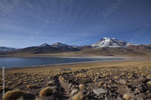 Beautiful Miscanti and Miniques Lagoons with snow in Antofagasta, Chile photo