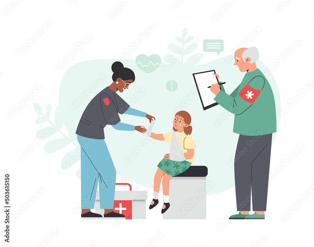 Fototapeta premium Paramedic provides medical care to child, vector flat illustration on a white background.