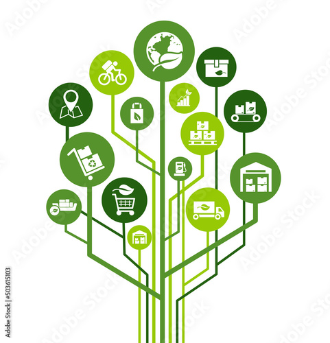 green logistics and supply chain vector illustration. Concept with connected icons related to sustainable transport