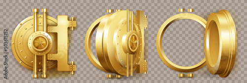 Gold safe door, round bank vault gate with lock. Vector realistic set of 3d closed and open circle golden door to bunker or bank safe isolated on transparent background photo