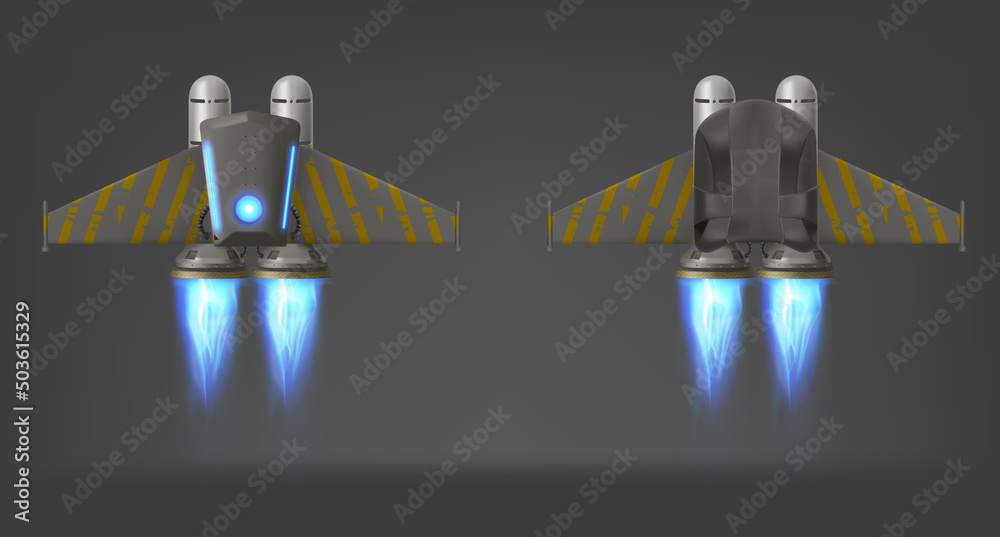 Jetpack with blue fire and yellow stripes on wings, top and bottom view ...