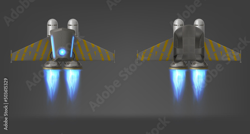 Jetpack with blue fire and yellow stripes on wings, top and bottom view, isolated 3d vector device for flying. Jet pack futuristic mechanical turbo engine with wings for pilot, realistic illustration