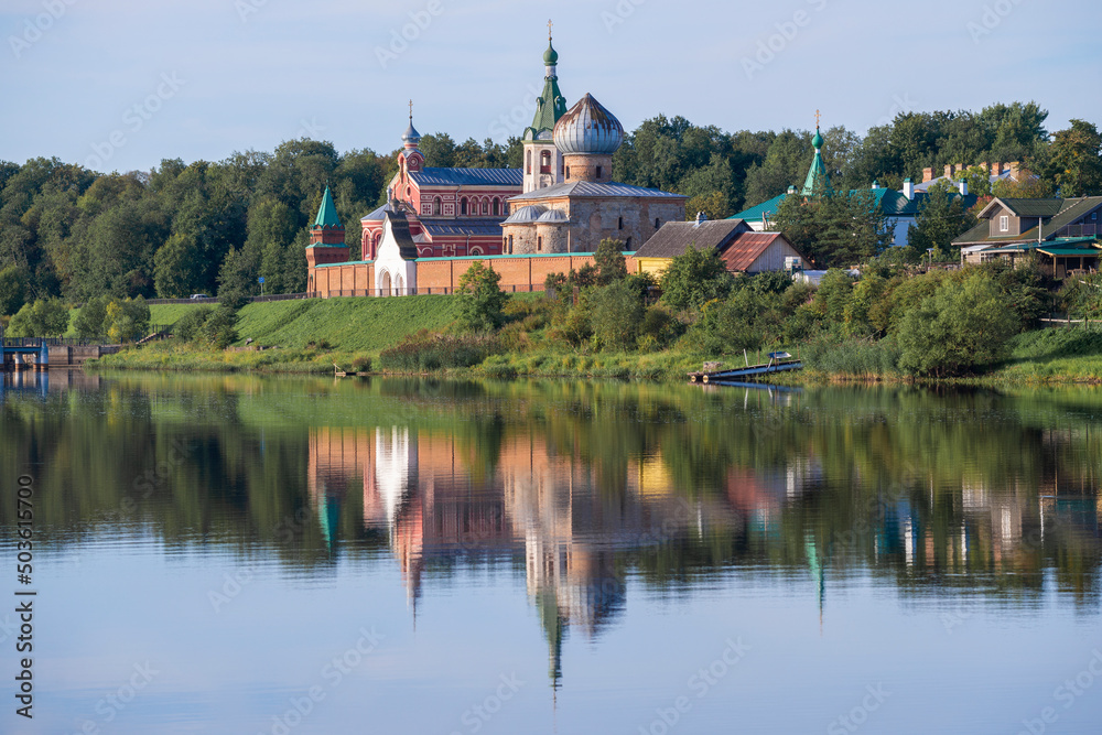 View of the ancient Staraya Lladoga St. Nicholas monastery on a August morning. Leningrad region, Russia