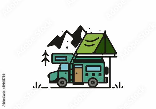 Simple camper van camping illustration © Adipra
