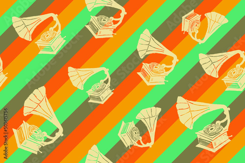 pattern created with silhouettes of vintage gramophone record player, hand drawn, vector graphics