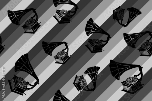 pattern created with silhouettes of vintage gramophone record player, hand drawn, vector graphics