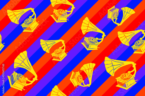 pattern created with silhouettes of vintage gramophone record player, hand drawn, vector graphics
