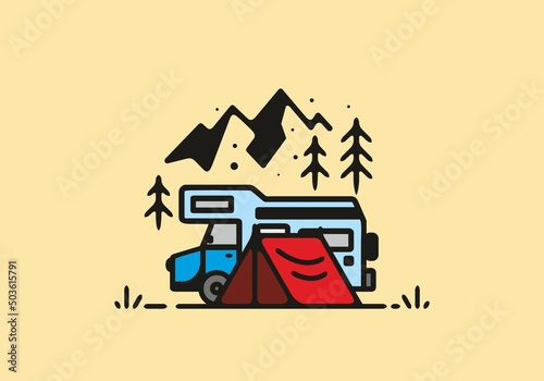 Simple camper van camping illustration
