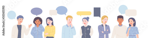 Several young people are gathering and talking. flat design style vector illustration.