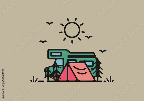 Simple camper van camping illustration