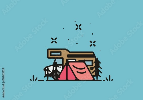 Simple camper van camping illustration