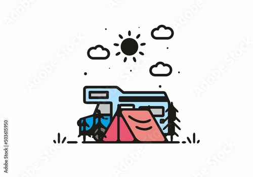 Simple camper van camping illustration