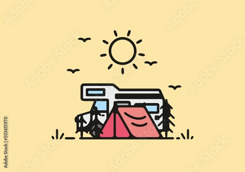 Simple camper van camping illustration
