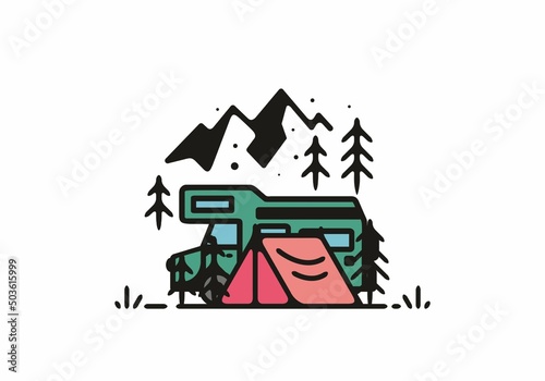 Simple camper van camping illustration
