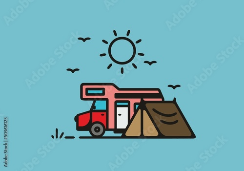 Simple camper van camping illustration