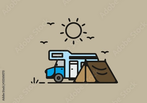 Simple camper van camping illustration