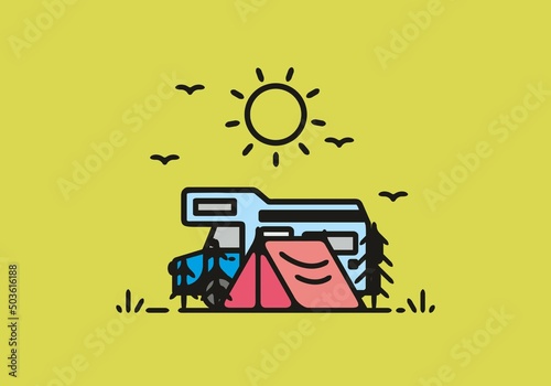 Simple camper van camping illustration