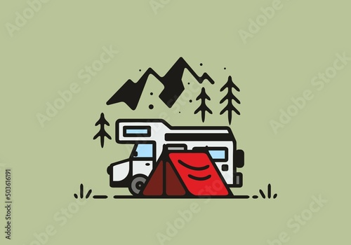 Simple camper van camping illustration
