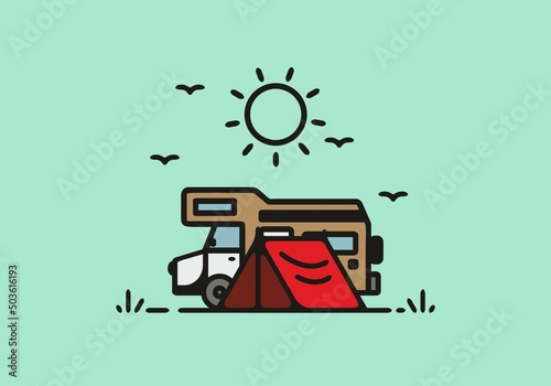 Simple camper van camping illustration