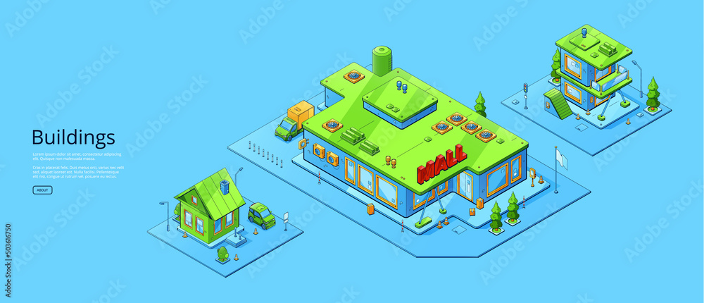Banner of city buildings architecture. Vector horizontal poster with isometric shopping mall and house. Exterior of residential and commercial buildings isolated on blue background