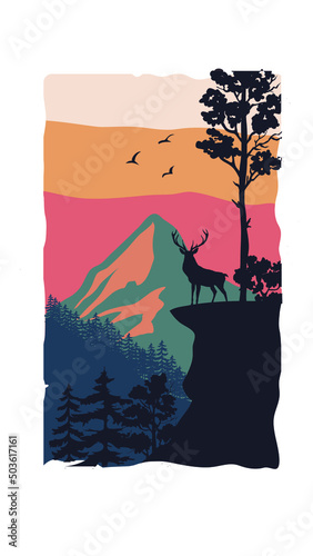 Vector illustration of elk on cliff with mountain