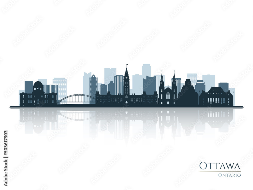 Ottawa skyline silhouette with reflection. Landscape Ottawa, Ontario. Vector illustration.