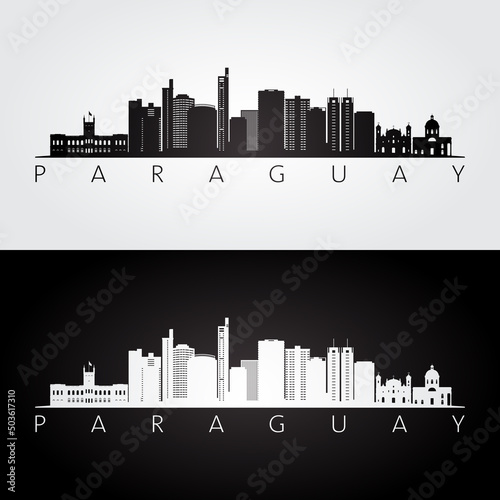 Paraguay skyline and landmarks silhouette, black and white design, vector illustration.