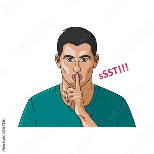 Shhh!. sSST!. Man making silence gesture with finger on lips. Vector illustration