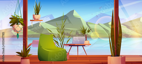 Wooden terrace with furniture and flowers on lake shore. Vector cartoon illustration of nordic landscape with river, mountains and cottage veranda with bean bag chair, table, laptop and houseplants