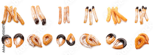 Set of tasty churros on white background photo