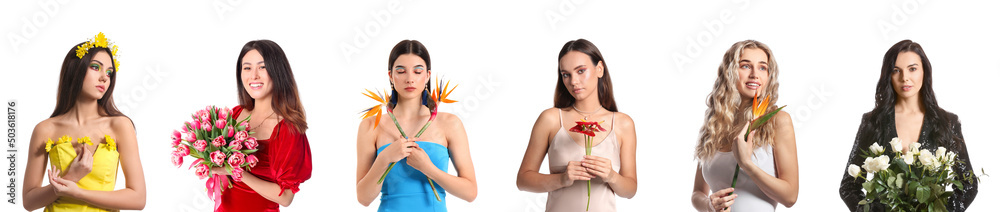Set of pretty women with beautiful flowers isolated on white Set of pretty women with beautiful flowers isolated on white