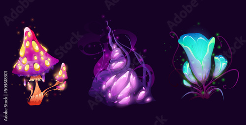 Fantasy magic mushroom, flower and grass. Vector cartoon set of fantastic plants and fungus from alien world. Fairy tale fly agaric, beautiful flower and scary unusual purple plant