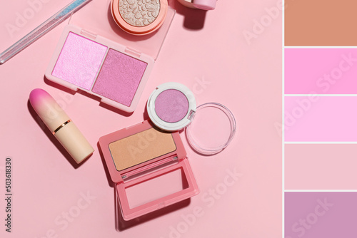 Decorative cosmetics on pink background. Different color patterns