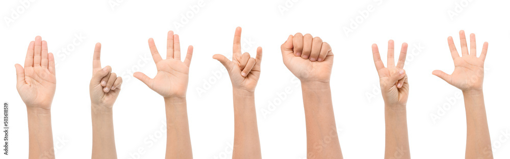 Set of many children's hands showing different gestures on white background Set of many children's hands showing different gestures on white background