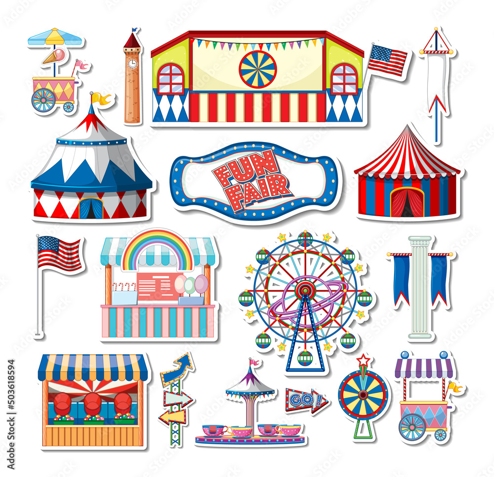 Sticker set of amusement park objects and cartoon characters