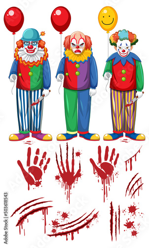 Set of creepy clown characters and elements