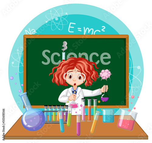 Scientist girl cartoon character with laboratory equipments