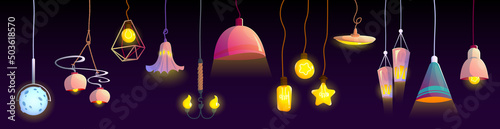 Electric ceiling lamps and light bulbs with different shades. Vector cartoon set of light equipment for home and office interior, chandeliers and pendant lanterns with lampshades hanging on wire