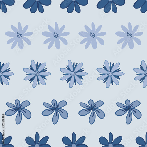 Blue doodle floral seamless pattern with pastel cute flowers. Horizontal repeat background for fabric, wrapping, invitations, card, scrapbooking or wallpaper.