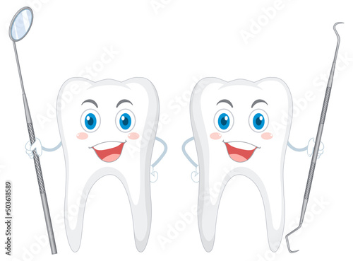 Happy teeth holding dental equipment on white background