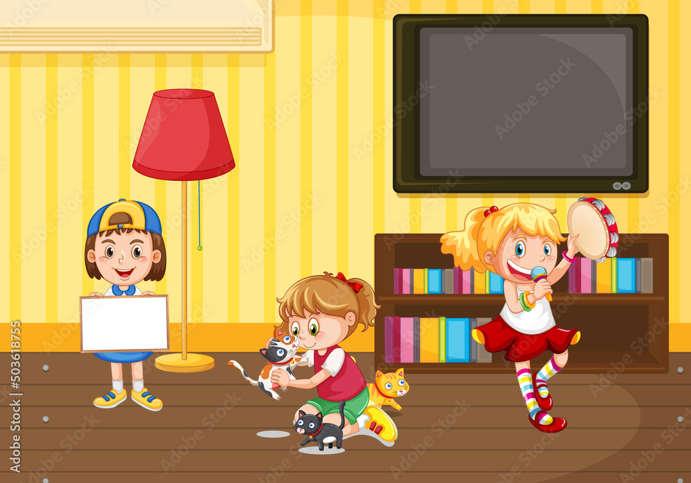 Happy cute girls doing different activities in the room Happy cute girls doing different activities in the room