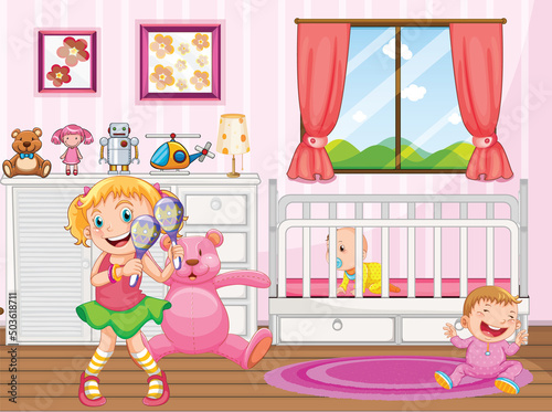Scene with girl in pink bedroom