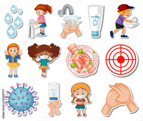 Sticker set of covid19 icons and cartoon characters