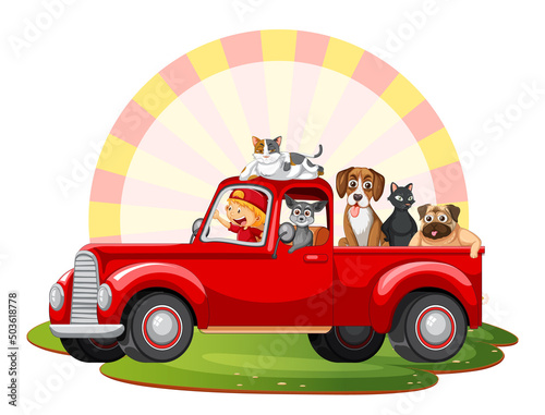 Road trip concept with domestic animals in a car