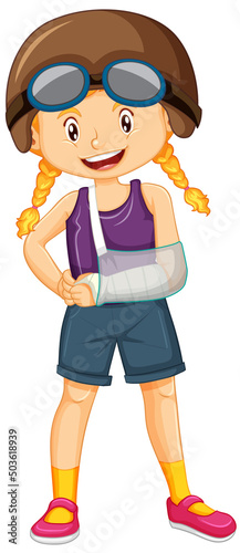 A girl broken arm on white background