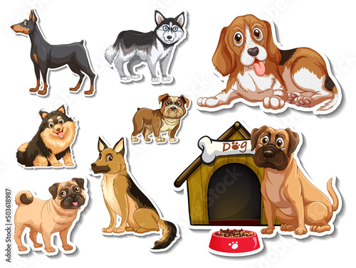 Sticker set of different dogs cartoon