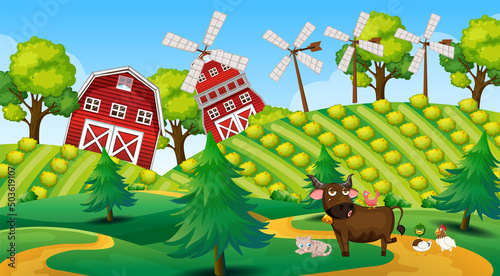 Animals in farm landscape