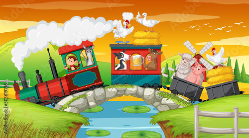 Many animals riding on train in countryside